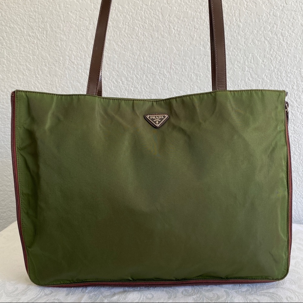 Prada army green large nylon tote